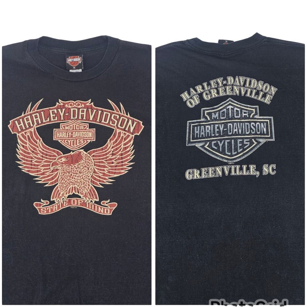 Vintage Y2K Harley Davidson Eagle Logo Greenville SC Black T-shirt Men's XL 3689